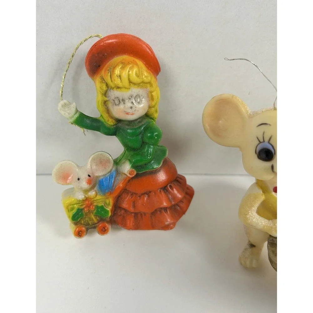 VTG Plastic blow mold Christmas Ornaments Lot of 5 Mouse Snowman Hong Kong